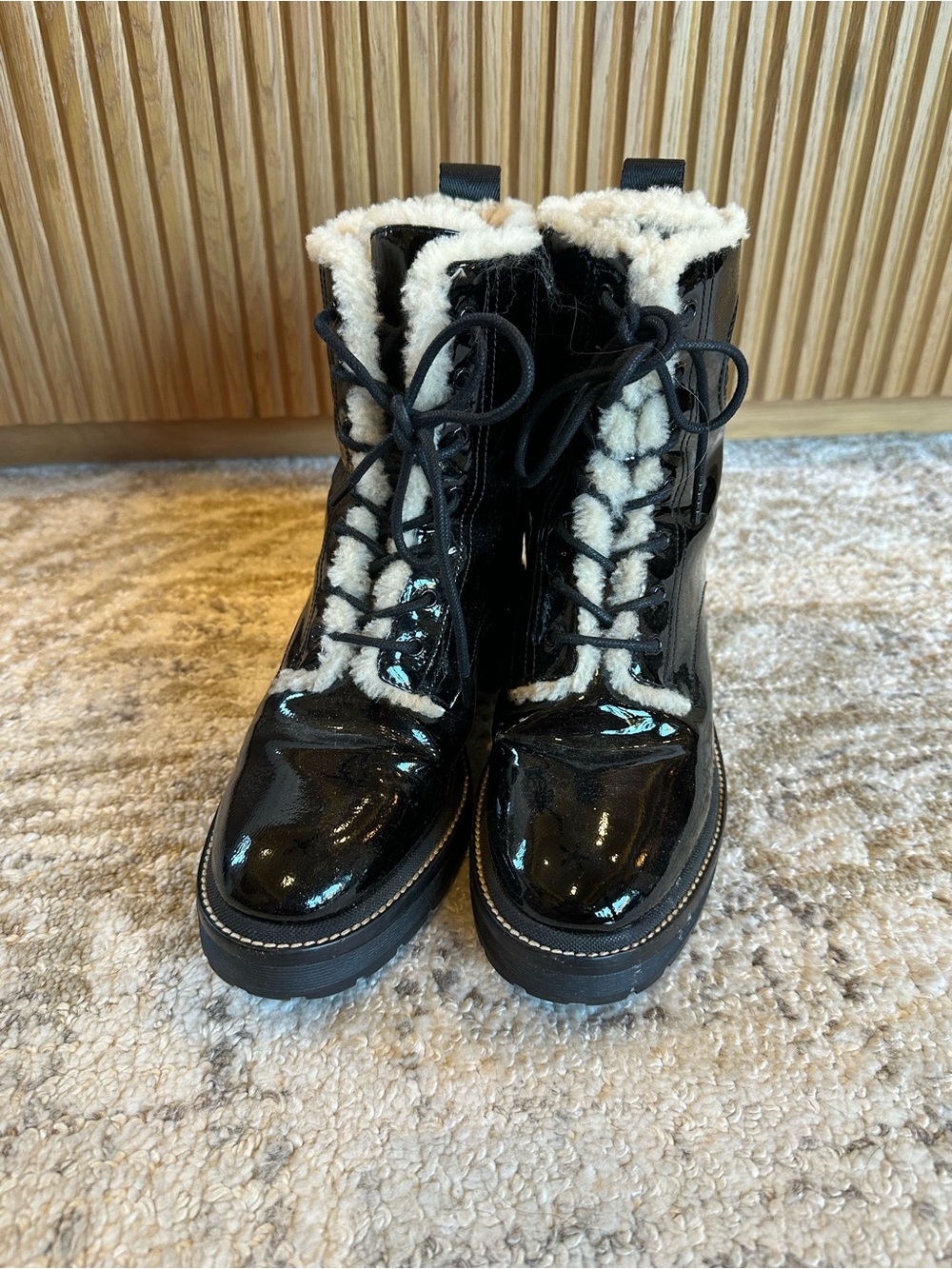 Tory Burch Black Patent Lace-Up Boots with Ivory Shearling Trim